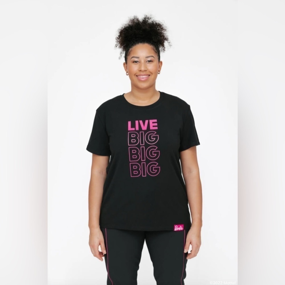 SMASH & TESS x BARBIE - Black and Hot Pink "Live Big" Tee. Small P2P is 22".